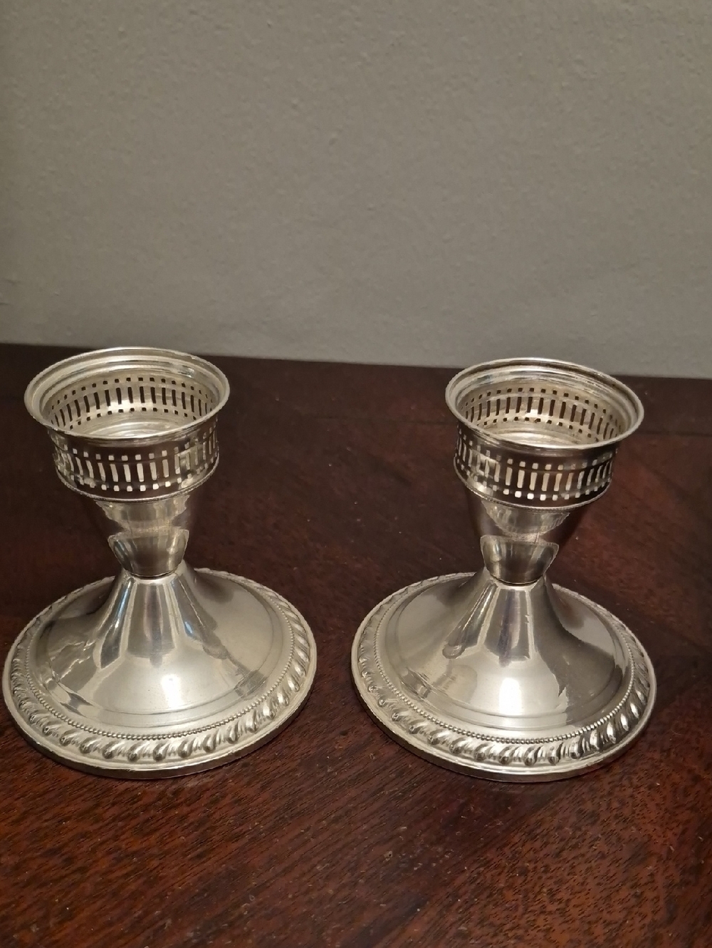 PAIR 3" DUCHIN CREATION PIERCED STERLING WEIGHTED CANDLEHOLDER 1940-1950
